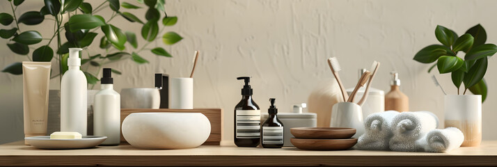 Various bathroom supplies, such as plant, tableware, and drinkware, are displayed on the wooden table in the house