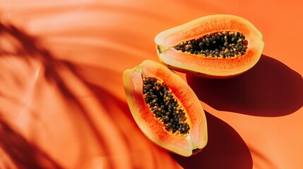 papaya halves on a vibrant orange solid color background