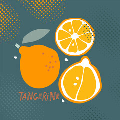 Orange fruit print in Printmaking style. Abstract natural poster in pastel colors with raster texture effect. Hand-drawn citrus For poster, banner, cover, social networks, postcards, printing