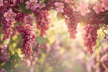 Cluster of seedless grapes on a grapevine with pink flowers
