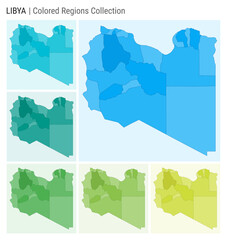 Libya map collection. Country shape with colored regions. Light Blue, Cyan, Teal, Green, Light Green, Lime color palettes. Border of Libya with provinces for your infographic. Vector illustration. - obrazy, fototapety, plakaty