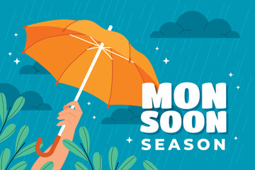 Fototapeta na wymiar Flat monsoon season background with hand holding umbrella
