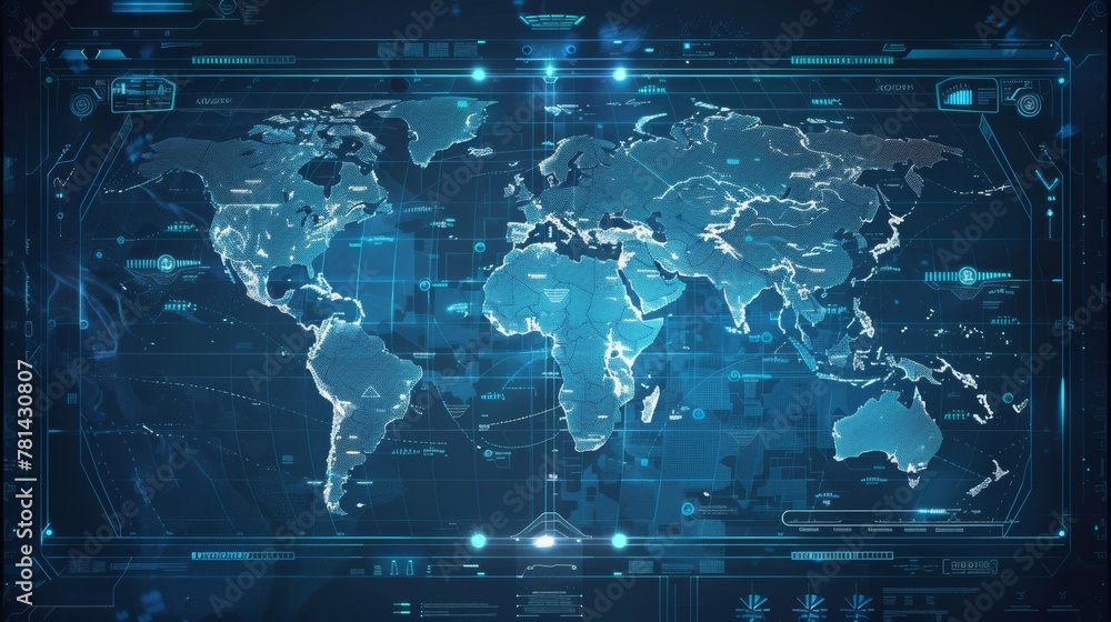 Aufkleber world map of terrain with radar interface, concept of communication