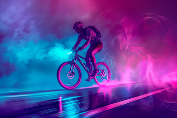 In neon cyclist competing in mountain biking competition