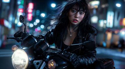 Fototapeta na wymiar Nighttime Urban Adventure: Young Woman in Leather Jacket on Motorcycle with City Lights Bokeh Background. Generative AI 