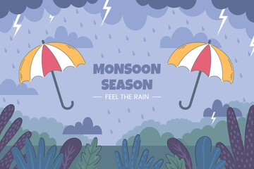 Flat monsoon season background with umbrellas and thunderstorm