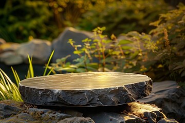 Close-up of a flat stone, rock podium in a natural forest flooded with sunlight. A tranquil stone setting surrounded by foliage and illuminated by forest. esg eco concept