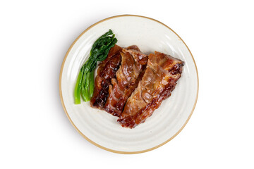 Asian or Chinese BBQ pork tenderloin with terriaki sauce and bok choy greens isolated on white