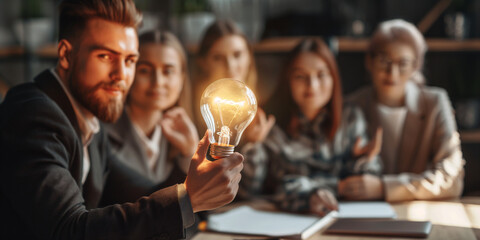 A man's hand holding a light bulb with business people in an office brainstorming meeting. A creative team or group with Innovation, business idea. - obrazy, fototapety, plakaty