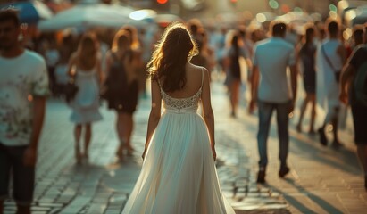 Elegant woman in white dress walking through bustling street at sunset