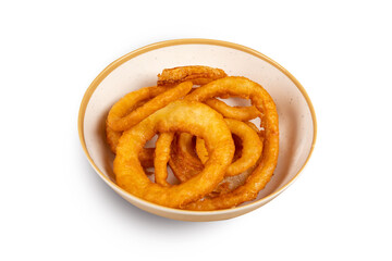 A small dish of crispy deep fried breaded jumbo onion rings isolated on white