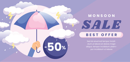 Flat monsoon season sale horizontal banner template with umbrella