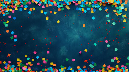 Festive background with colorful confetti and paper pieces scattered on a dark chalkboard background. Empty copy space. Generative AI