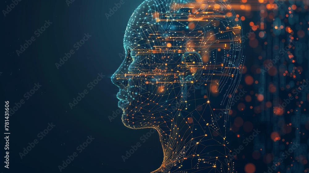 Poster Concept of digital twin or machine learning, combining human shape with electronic patterns