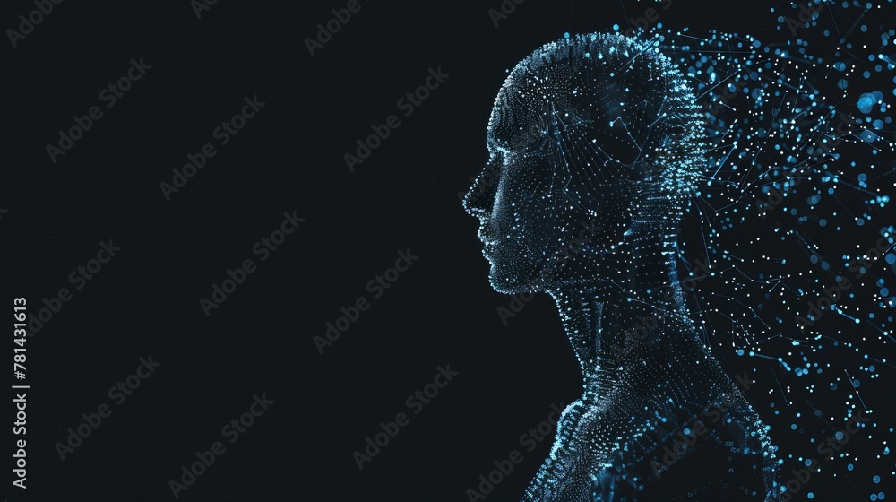Poster a concept of the digital twin or the machine learning, which combines the shape of a human with an e