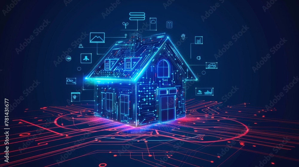 Poster conceptual image of a smart home, showing an electronic pattern on the exterior of the house