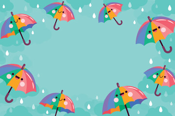 Fototapeta na wymiar Flat monsoon season background with rainbow umbrellas