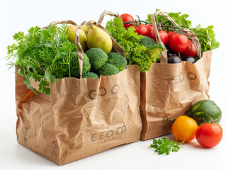 Fresh organic vegetables in a paper bag and next to it