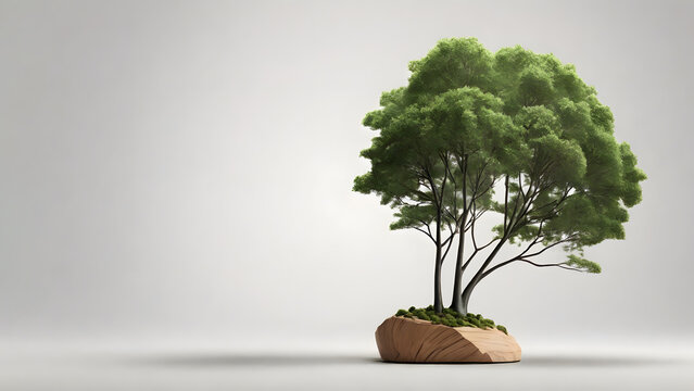 A solitary tree stands tall on a rock, set against a gray backdrop. Minimalist image with copy space is an ideal choice for &ldquo;save tree&rdquo; campaigns.