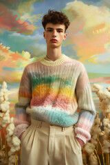 Male fashion model in a pastel cotton core cloudy setting