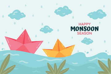 Fototapeta na wymiar Flat monsoon season background with paper boats
