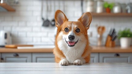 Dog Corgi gets up on white table and looks towards the kitchen area's copy space. - obrazy, fototapety, plakaty