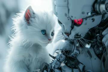 A scary cyborg with the red eyes and a cute little kitty with the blue eyes and long white fur - obrazy, fototapety, plakaty