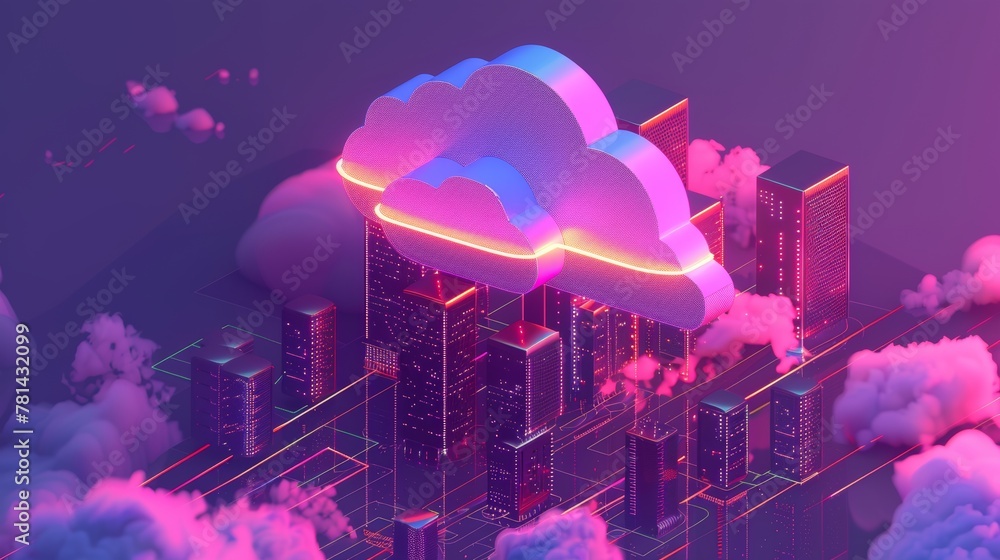 Aufkleber The concept of cloud storage and data centers is shown in an isometric view