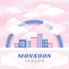 Flat monsoon season illustration with city under rainbow
