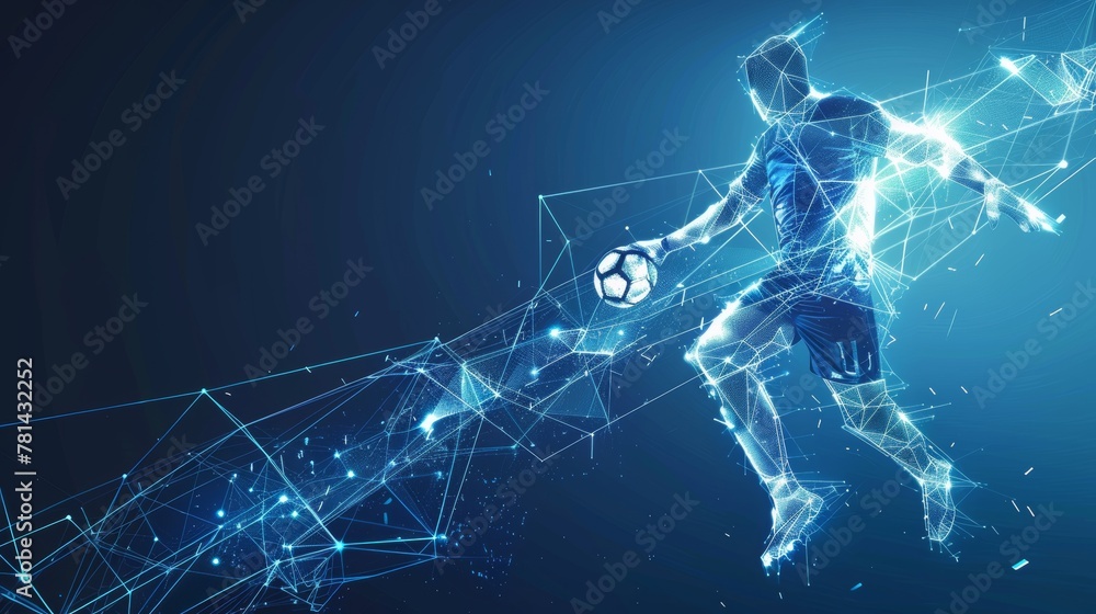 Poster the concept of sport science technology is depicted in the form of polygonal soccer players with fut