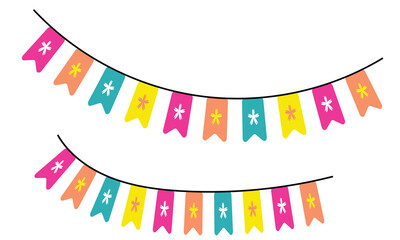 Fototapeta premium Colorful pastel color triangle flag party with rope isolated on white background, decoration element.