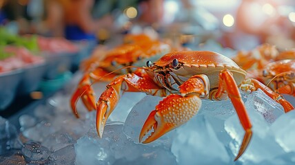 A seafood market sells fresh crabs that are kept on ice. - obrazy, fototapety, plakaty