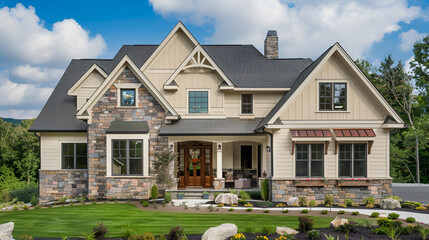 Exterior of a beautiful house with green lawn and walkway ,House that combines classic and modern elements ,craftsman-style home with distressed wood and stone exterior