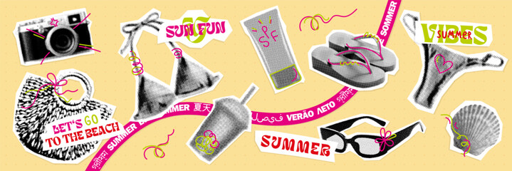 summer halftone collage, set of retro style beach icons. girly mood of y2k