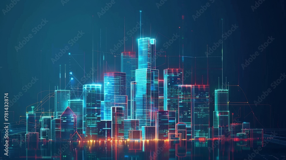Poster Building with digital technology element in a smart city concept or digital twin
