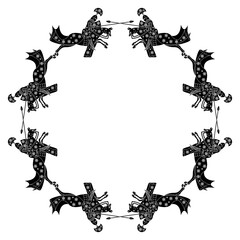 Round frame with medieval knights riding horses. Black and white silhouette. 
