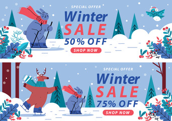 Flat winter season celebration horizontal sale banners set