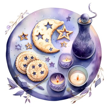 watercolor moon cookies candles still life