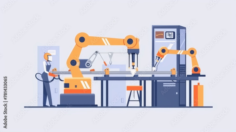 Poster The engineer's hand checks and controls welding robotics automatic arms with machine in the intelligent factory automotive industrial with UI monitoring system software...