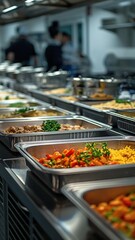 Ready for serving, heated trays are placed on the buffet line. Buffet breakfast and lunch served at hotel banquets.