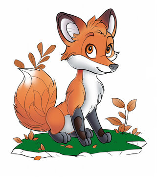 Illustration of a cute fox in a meadow on a white background