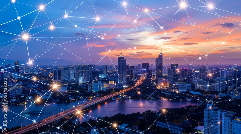 Aufkleber abstract bangkok city background with wireless network and connection technology concept.