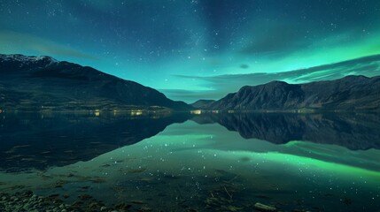 Northern lights seen from a large lake and mountains at night in high resolution and high quality HD