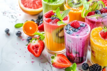 A variety of fruit smoothies with berries and fruit on a table