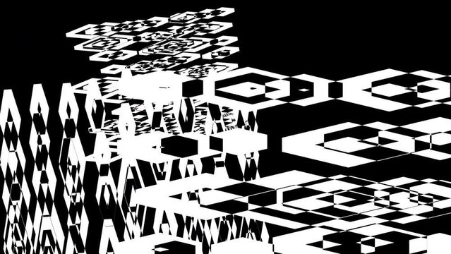 Abstract monochrome geometrical shapes moving in black and white with rectangles and circles geometric shapes in fragmentation line in black and white flow motion patters background	
