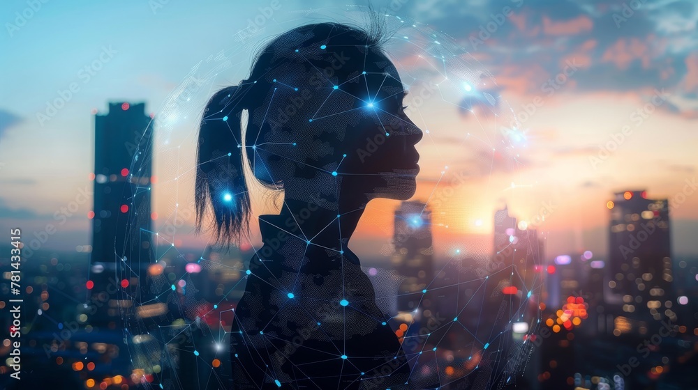 Poster a dual exposure of a businesswoman and a cityscape, using a wireless network and connection technolo