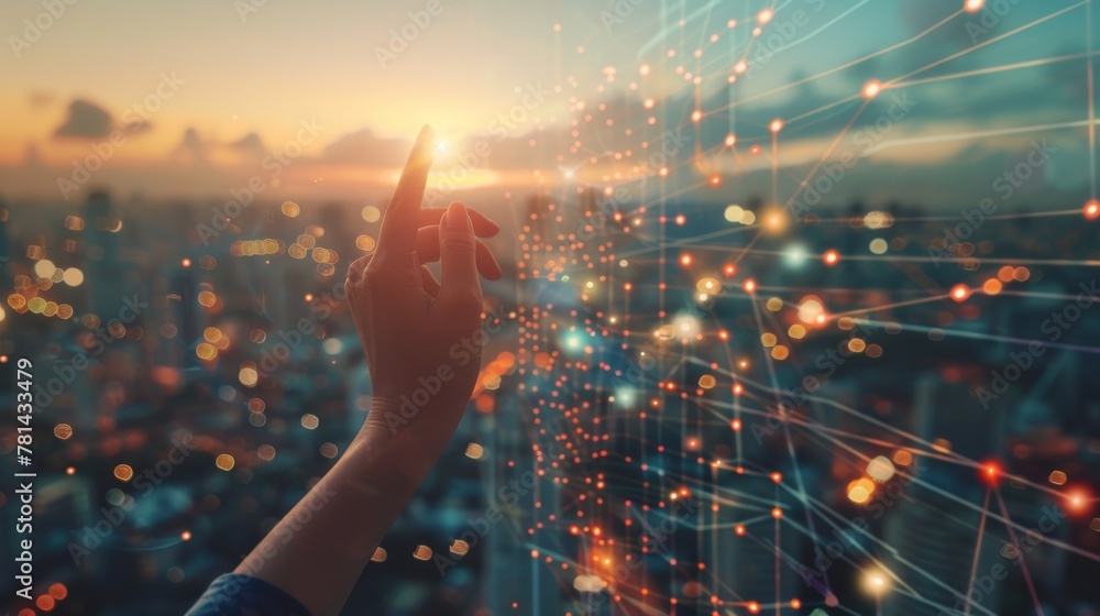 Aufkleber Hand of a woman touching wireless network and connection technology elements on an abstract building city.