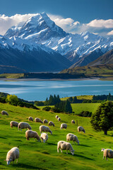 Fototapeta na wymiar Panoramic View of New Zealand's Natural Beauty – Sheep Grazing, Lake Tekapo, and Snow-Capped Mountains
