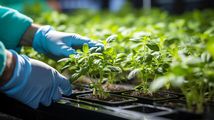 wide photo of a farmer wearing gloves carefully reach and inspecting small plants inside a greenhouse nursery