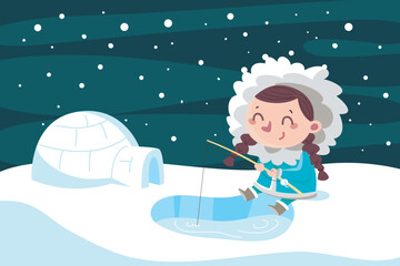 Flat winter season eskimo illustration - obrazy, fototapety, plakaty